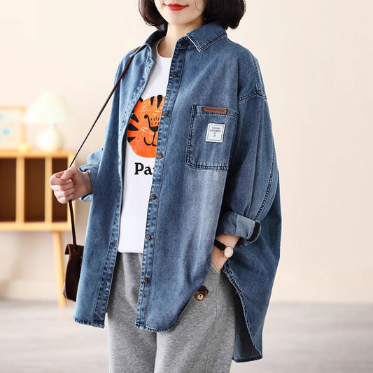 autumn new denim shirt jacket women's POLO collar casual literary age reduction loose and thin large size shirt