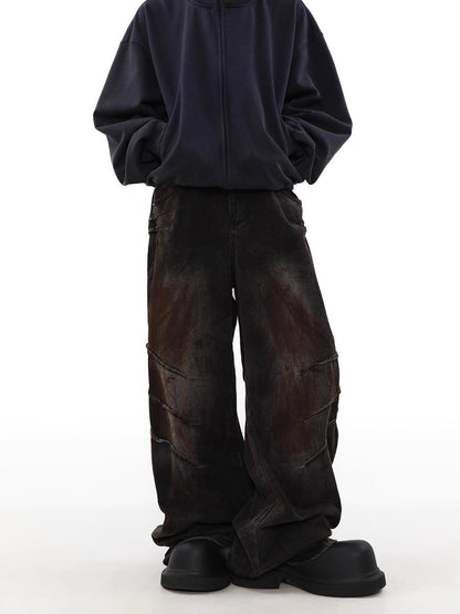 American high street design, old and dirty wasteland style jeans for men, new loose niche straight pants for spring