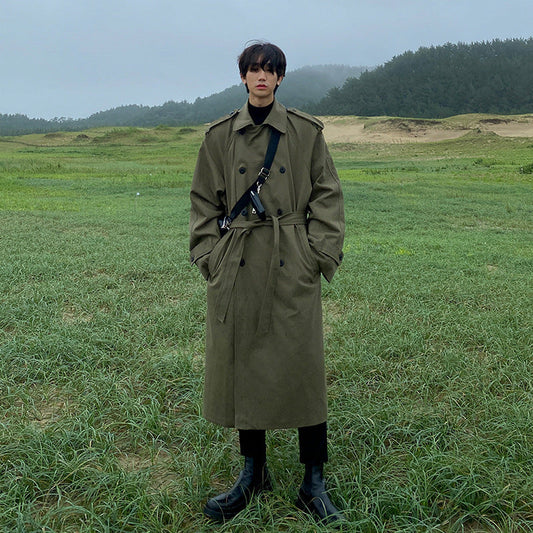 saferido mens fall fashion Long over-the-Knee Army Green Windbreaker Spring Handsome Double-Breasted Thin Overcoat Trendy Cloak Coat for Men