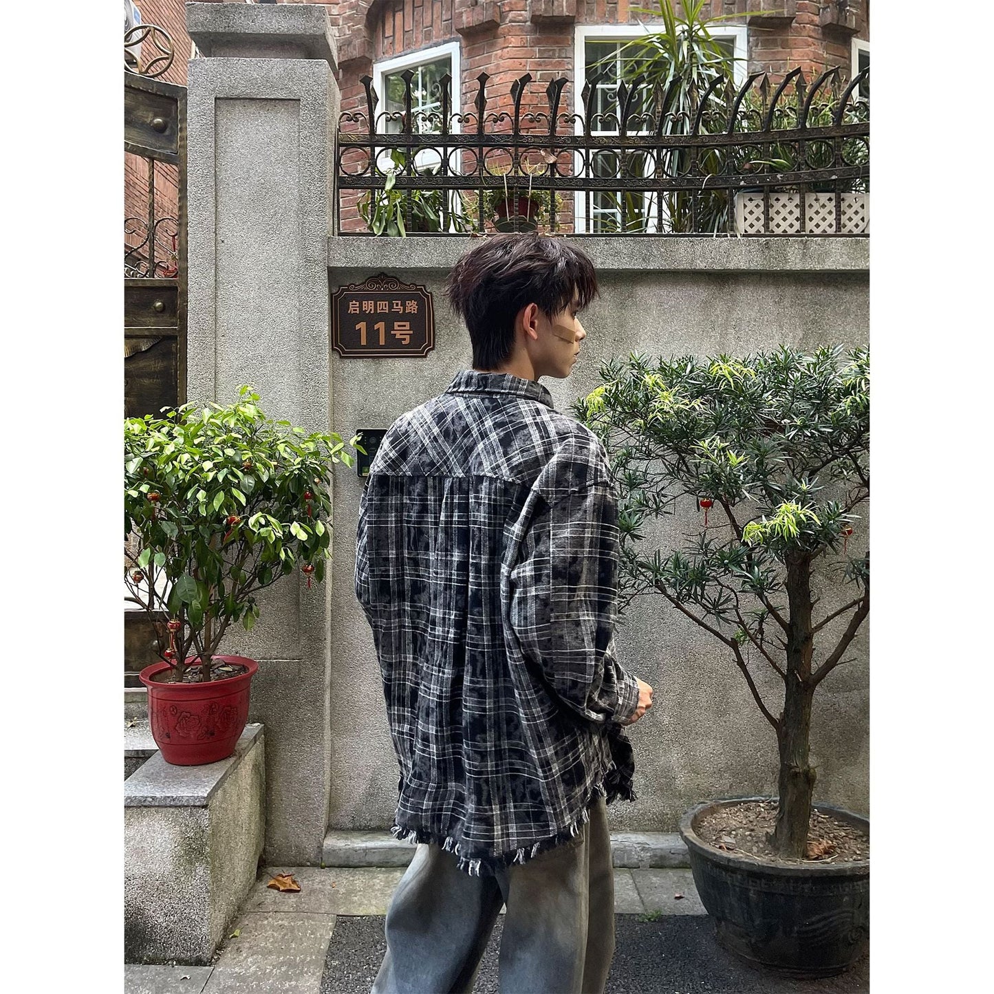 saferido      -shop skater boy outfits American High Street Retro Niche Tie-Dyed Plaid Destroyed Frayed Shirt Shirt Men's Loose Autumn Long Sleeve Coat Fashion