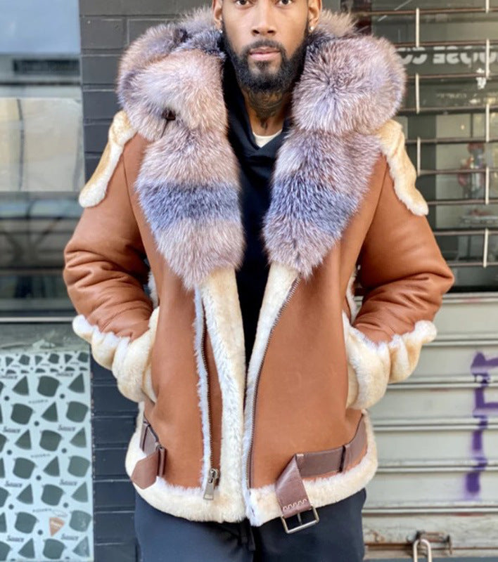 2025 New wish brown flower hair big fur collar plush thickened men's leather jacket 6560