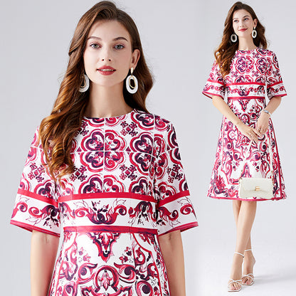 Summer 2025 retro court style temperament short-sleeved round neck waist thin medium and long celadon printed hip-wrapped dress