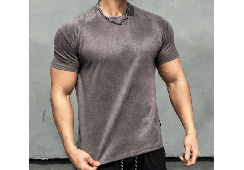 Fitness short-sleeved men's sports round neck T-shirt American summer solid color slim fit all-match trendy brand heavy casual training clothes