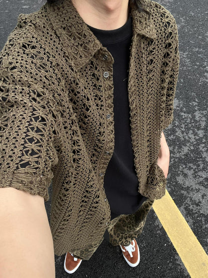 Cleanfit Army Green Hollow Knit Sweater Men's Short Sleeve Summer New American Retro Holiday Style Lapel Half Sleeve