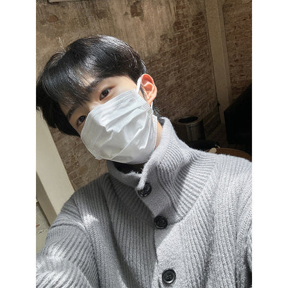 saferido winter outfits men Retro Simple Cardigan Sweater American Lazy Style Knitwear Autumn Long Sleeve Half Turtleneck Hy615tp60 White