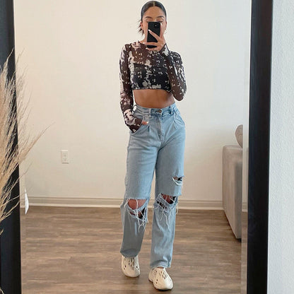2025 Factory direct sales  New ripped jeans women's street hipster high waist wide leg denim trousers