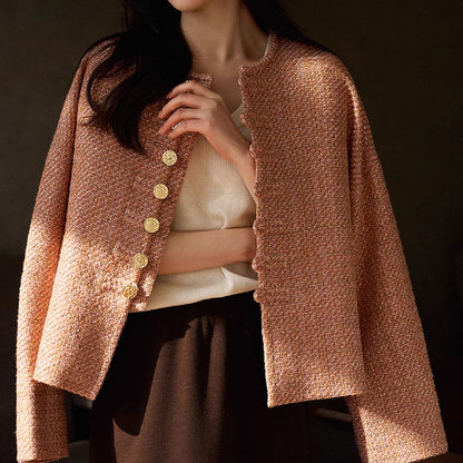 2025 Glazed pink gold new Chinese style, small fragrant wind coarse flower short coat, national style women's clothing  spring women's top short