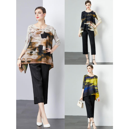 Popular style suit women's niche high-end sense loose elastic pleated printed top + high-waisted wide-leg casual pants