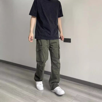 saferido fall outfits men Overalls American Street Retro Button Design Men's Straight Loose Large Pocket Straight Vibe Trousers
