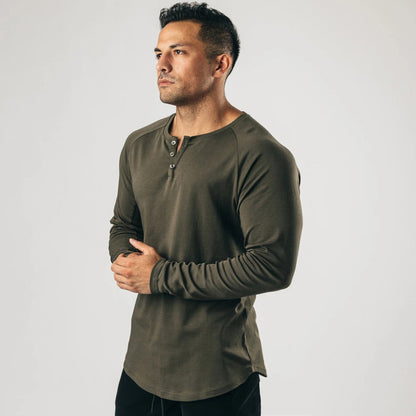 saferido      -shop men’s fashion Retro Henley Shirt Long-Sleeved T-shirt Solid Color Sports Fitness Bottoming Shirt Men's Cotton Stretch Thin V-neck Cardigan