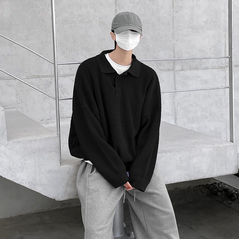 saferido      -shop mens fashion Myq Lapel Long-Sleeved Sweater Men's Autumn Korean Style Loose High-Grade Lazy Style Solid Color Polo Collar Sweater