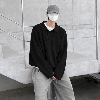 saferido      -shop mens fashion Myq Lapel Long-Sleeved Sweater Men's Autumn Korean Style Loose High-Grade Lazy Style Solid Color Polo Collar Sweater