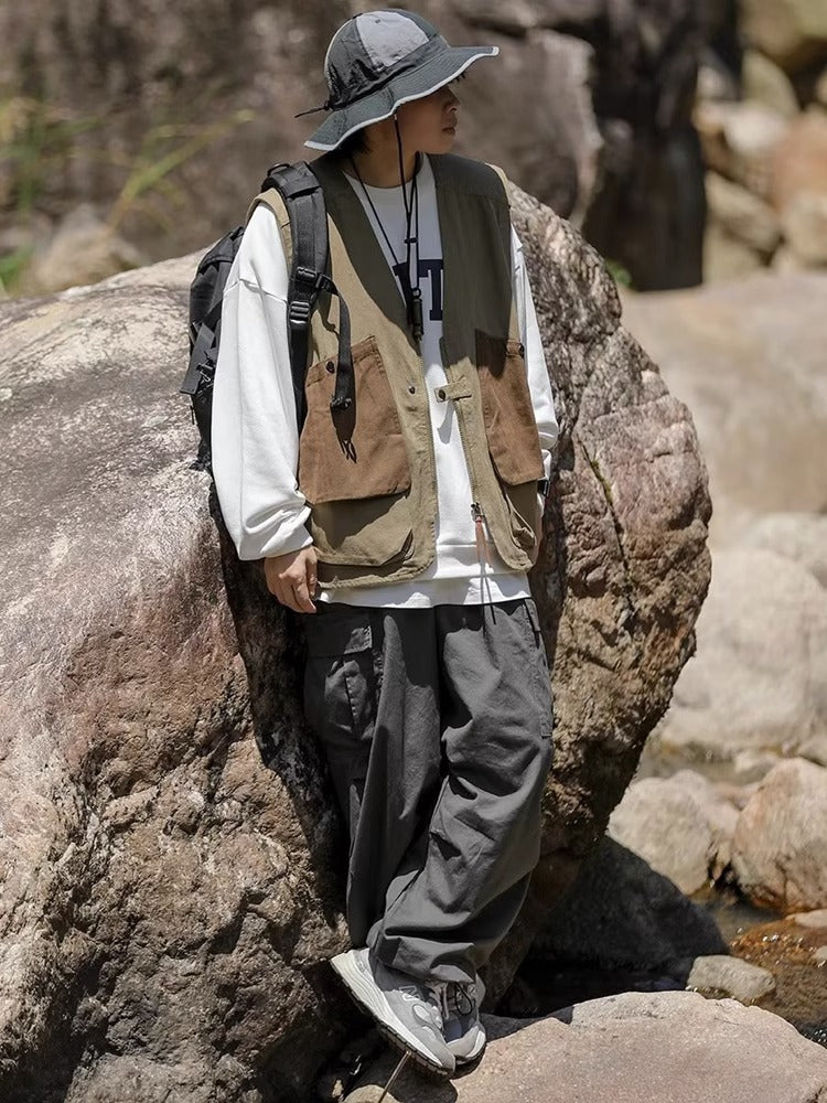 American retro CityBoy Japanese style multi-pocket workwear vest for men zipper sleeveless loose functional style vest
