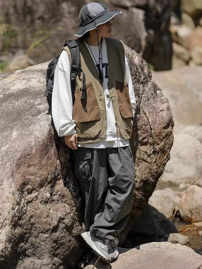American retro CityBoy Japanese style multi-pocket workwear vest for men zipper sleeveless loose functional style vest