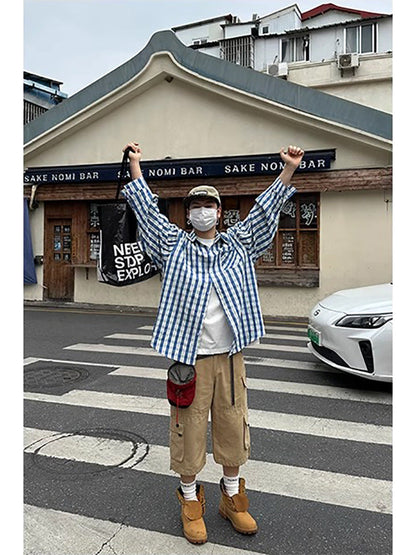 American retro high street casual plaid shirt men's spring sun protection contrast color loose versatile couple shirt jacket