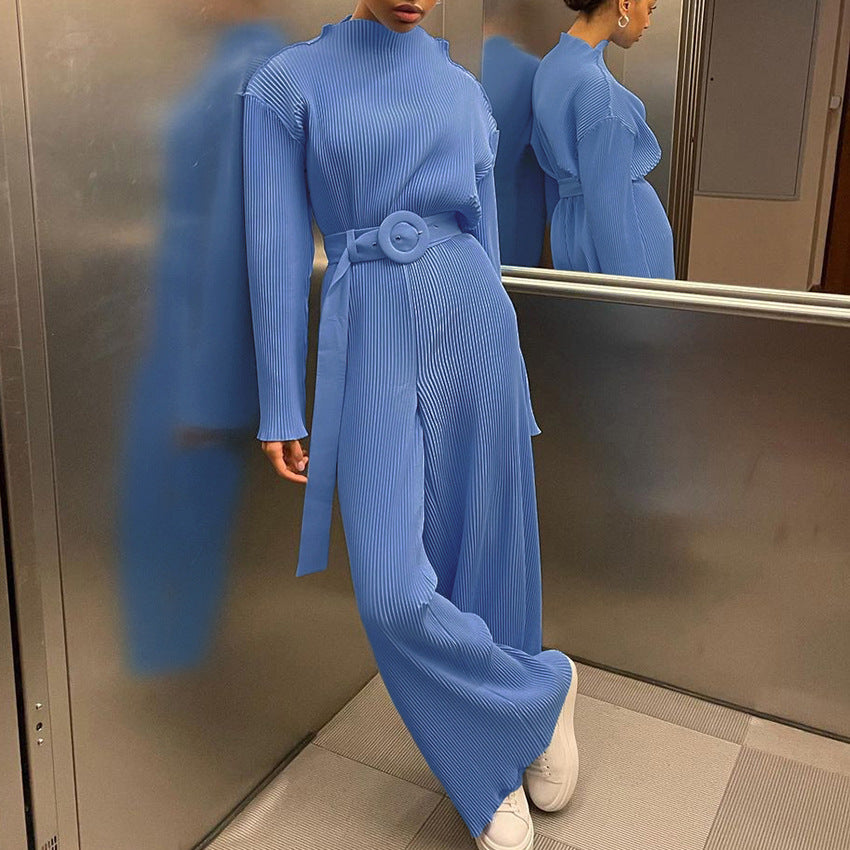2025 spring new  women's clothing long-sleeved small stand-up collar waist wide-leg pants commuter temperament pleated casual suit