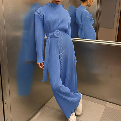 2025 spring new  women's clothing long-sleeved small stand-up collar waist wide-leg pants commuter temperament pleated casual suit