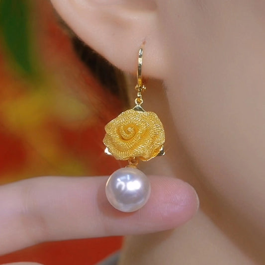 style rose pearl fringed earrings light luxury design sense hollow gold camellia earrings high-end earrings