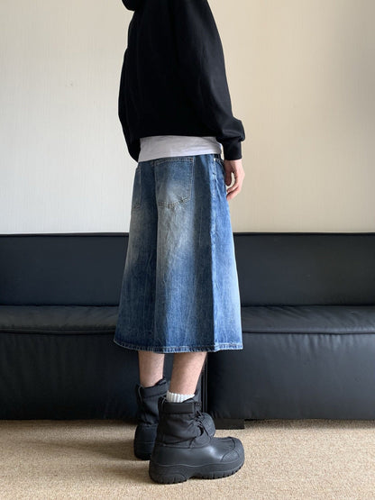 American retro distressed blue lightning denim shorts men's summer new loose straight wide-leg cropped pants drape