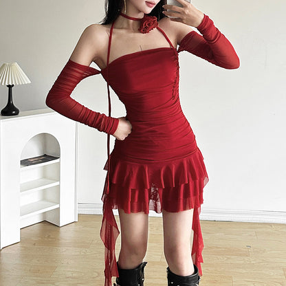 Cross-border 2025 style popular summer new women's clothing solid color sexy one-word collar fashion strap hip dress
