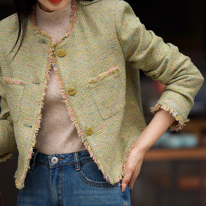 2025 Rough tweed high-end small fragrant short coat green  spring new women's temperament versatile top