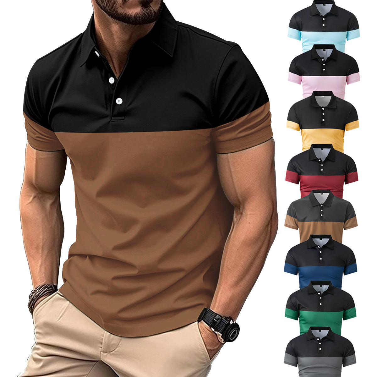 new  men's casual POLO shirts fashionable V-neck buttons business color matching all-match T-shirt tops