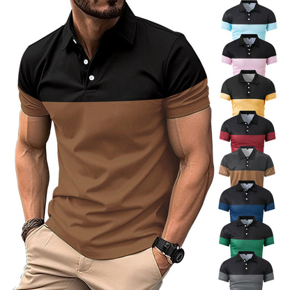 new  men's casual POLO shirts fashionable V-neck buttons business color matching all-match T-shirt tops