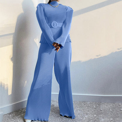 2025 spring new  women's clothing long-sleeved small stand-up collar waist wide-leg pants commuter temperament pleated casual suit