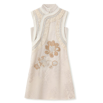 New Chinese style light luxury stand-up collar bead embroidery sleeveless sequins loose silk vest dress set MY012