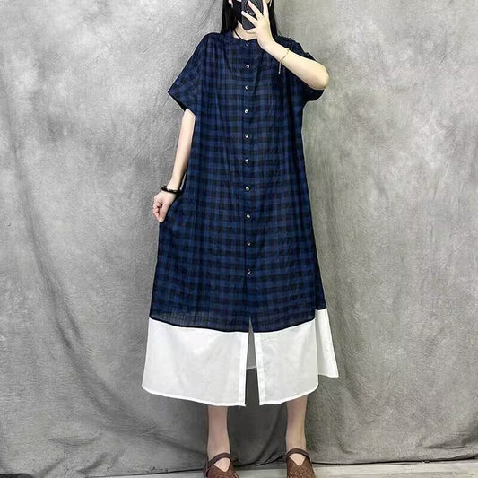 Plaid crew neck splicing dress  summer new design sense casual sense Japanese style wear women