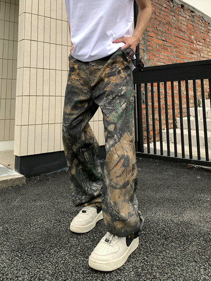 American trendy brand tree branch camouflage retro workwear casual pants men's summer handsome all-match high street loose wide-leg pants