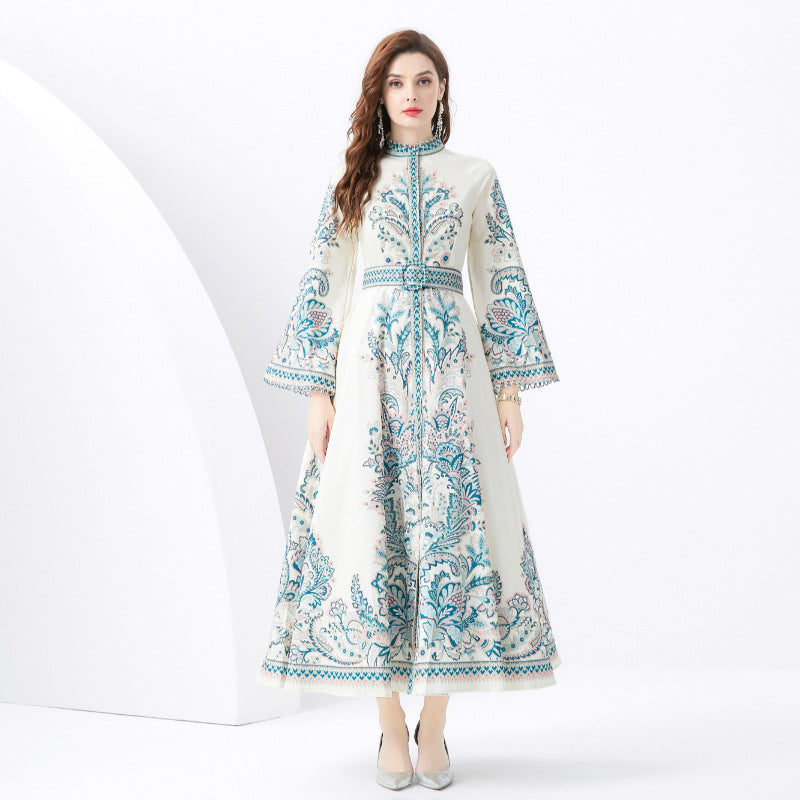 popular new  retro court style printed dress for women's high-end feeling loose waist horn sleeve dress skirt