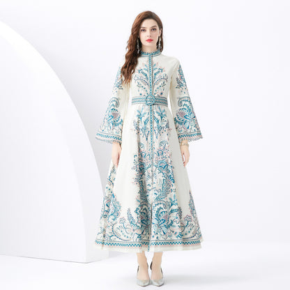 popular new  retro court style printed dress for women's high-end feeling loose waist horn sleeve dress skirt