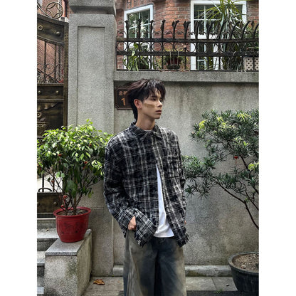 saferido      -shop skater boy outfits American High Street Retro Niche Tie-Dyed Plaid Destroyed Frayed Shirt Shirt Men's Loose Autumn Long Sleeve Coat Fashion