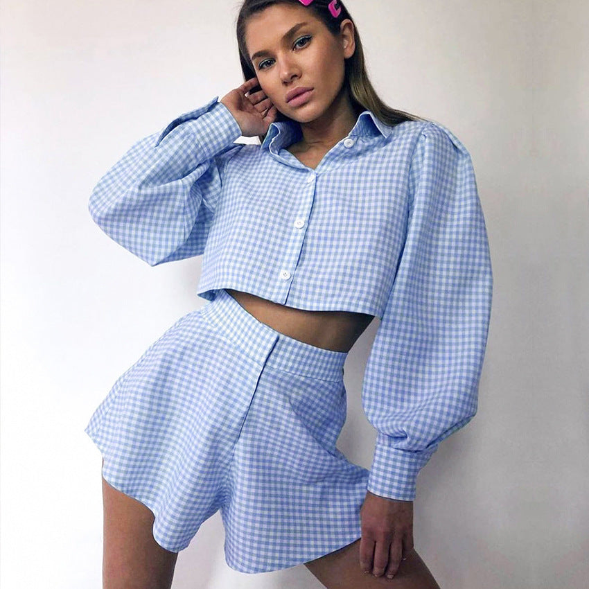 2025 Summer  Women's Clothing Commuter Long Sleeve Shirt Shorts Two-piece Lantern Sleeve Plaid Hong Kong Style Fashion Suit