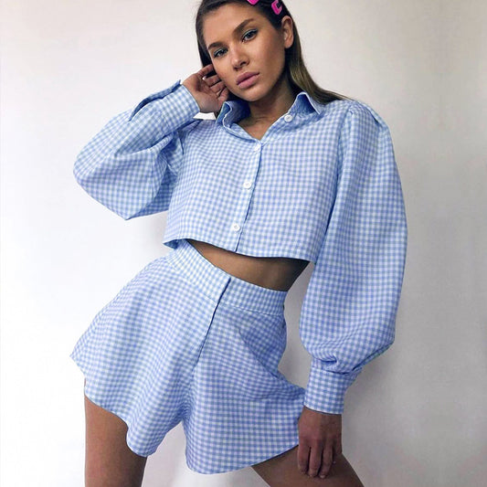 2025 Summer  Women's Clothing Commuter Long Sleeve Shirt Shorts Two-piece Lantern Sleeve Plaid Hong Kong Style Fashion Suit