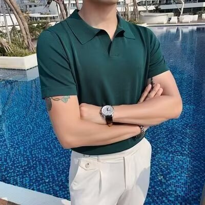 saferido      -shop classy outfits men Lapel Business Polo Men's Sweater Seagull Collar T-shirt Men's Casual Solid Color Slim Fit American Men's Summer Short Sleeve