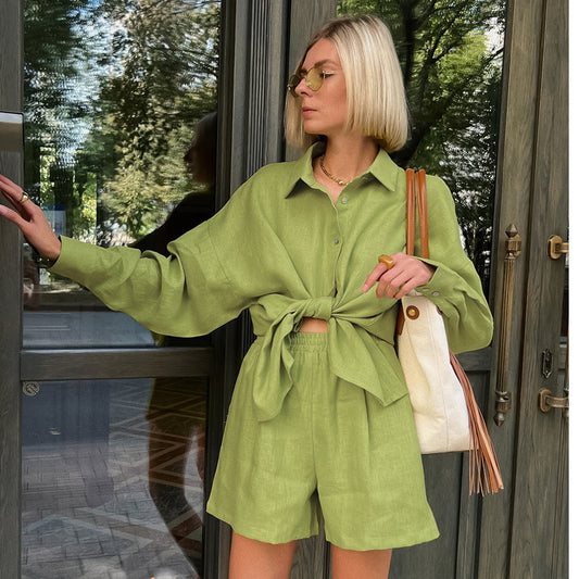 2025 Popular,   New new summer green temperament commuting loose casual fashion shorts long-sleeved suit women