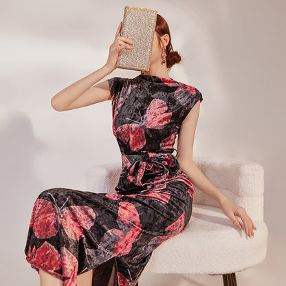 summer national style temperament elegant temperament thin retro slim print butterfly cheongsam dress LZ585