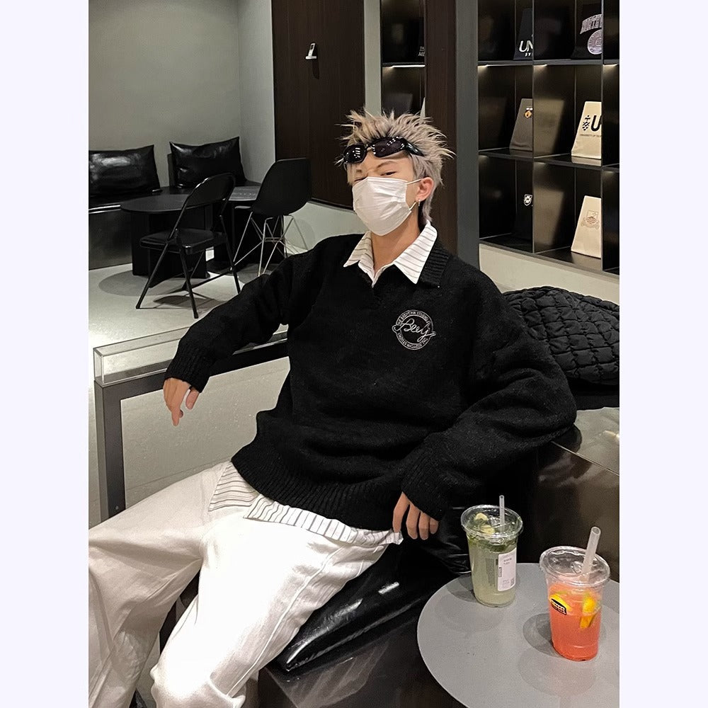 saferido outfit inspo American Retro Preppy Style Soft Glutinous Lazy Sweater Men's Autumn and Winter New Loose Lapel Couple Sweater Coat