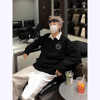 saferido outfit inspo American Retro Preppy Style Soft Glutinous Lazy Sweater Men's Autumn and Winter New Loose Lapel Couple Sweater Coat