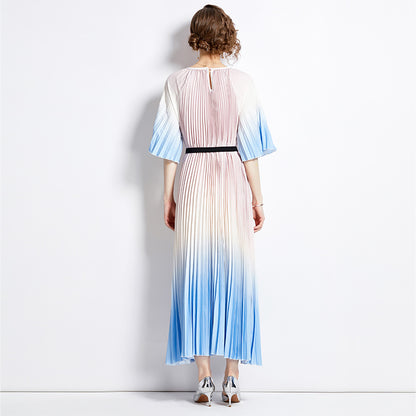 2025 style fashion gradual change color loose dress women's summer  new temperament round neck lace-up skirt
