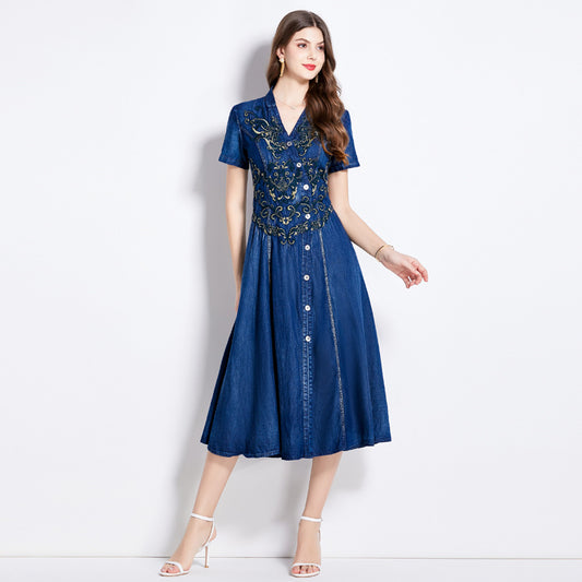 Cardigan V-neck denim dress popular summer new retro heavy industry embroidery waist thin dress ethnic style A type