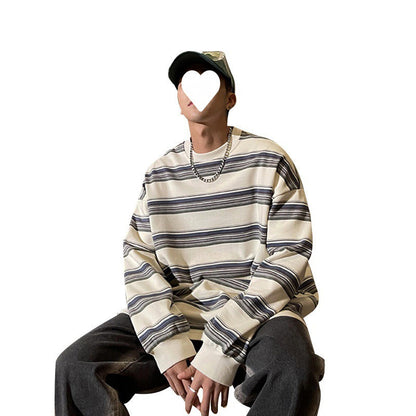saferido      -shop masc outfits Spring and Autumn Contrast Color Striped Shirt Men's Loose Clothes Pullover Casual round Neck Sweater Coat