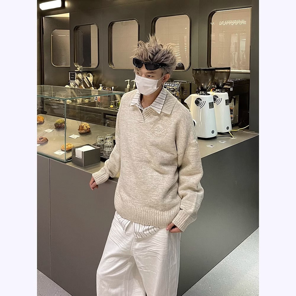 saferido outfit inspo American Retro Preppy Style Soft Glutinous Lazy Sweater Men's Autumn and Winter New Loose Lapel Couple Sweater Coat