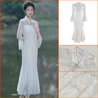 2025 new high-end design sense of national style white buckle lace splicing hip mermaid dress LZ074