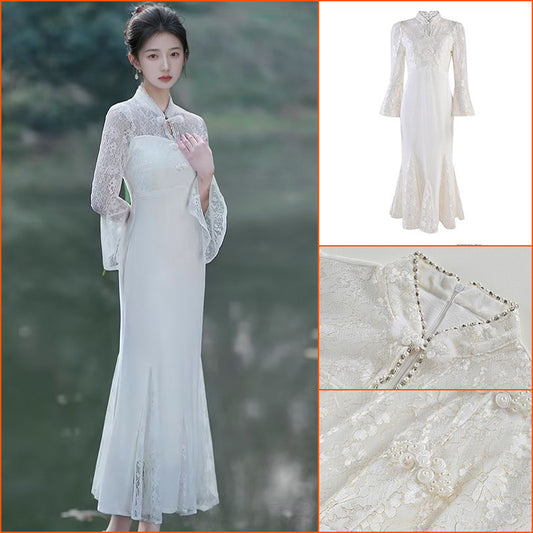 2025 new high-end design sense of national style white buckle lace splicing hip mermaid dress LZ074