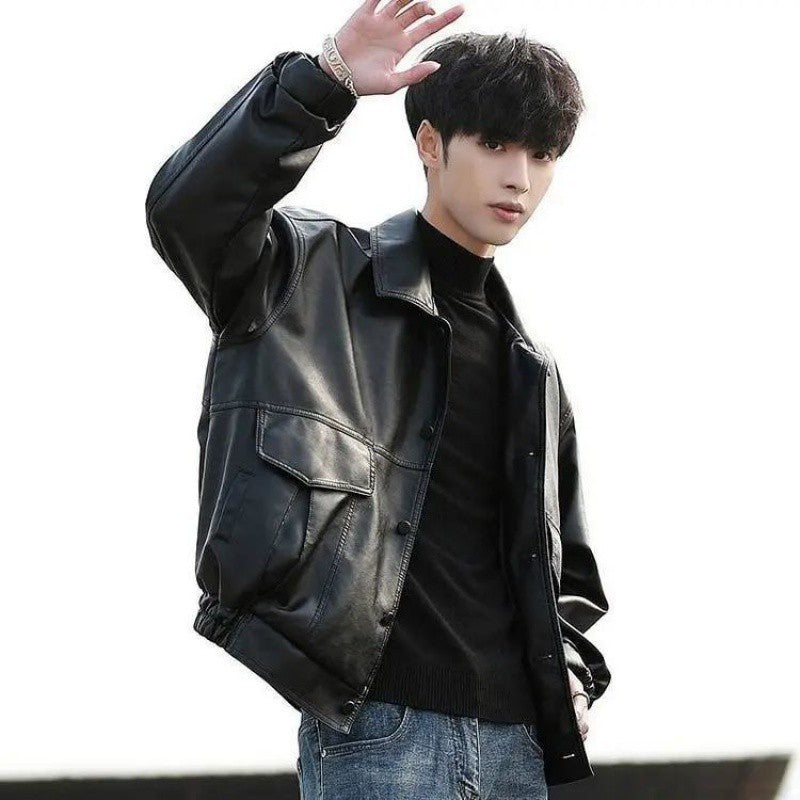 saferido      -shop bomber jacket Korean Style Trendy Loose Leather Jacket Men's Short Motorcycle Clothing Student Pilot Leather Jacket Spring and Autumn plus Size Coat