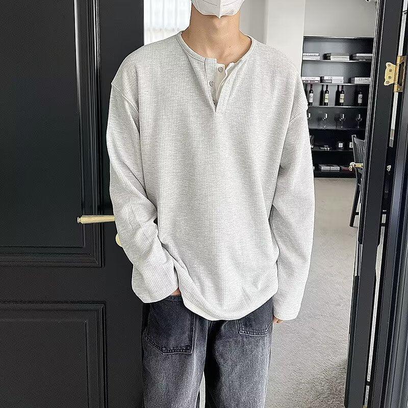 saferido      -shop mens outfit inspiration Japanese Retro Henry Collar Fake Two-Piece Long-Sleeved T-shirt Men's Autumn Casual Sweater Men's Autumn Bottoming Shirt