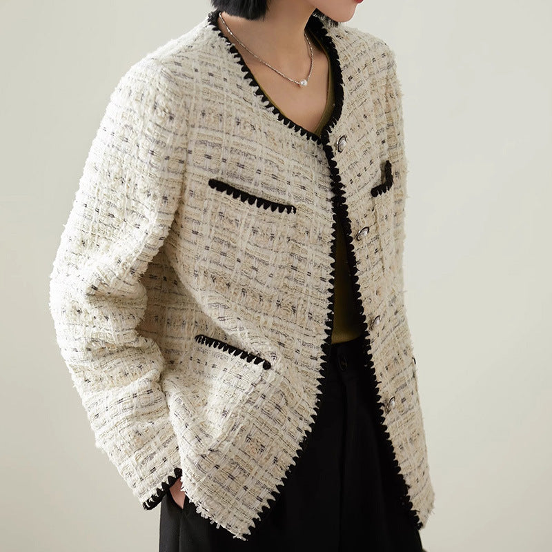 2025 High-end contrasting color Xiaoxiangfeng coat, spring and autumn white tweed short women's coat, spring new women's clothing